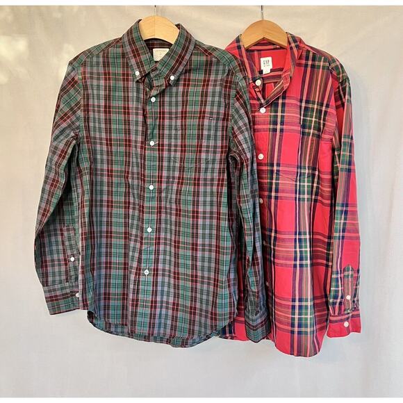 TWO Shirts Crewcuts GAP Boys Long Sleeve Button Down Shirts Plaid Size 12 XL EUC - Picture 1 of 4